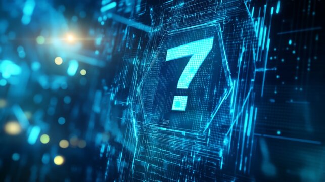 Digital question mark symbol amid glowing blue circuitry background highlights modern technology and uncertainty in innovation