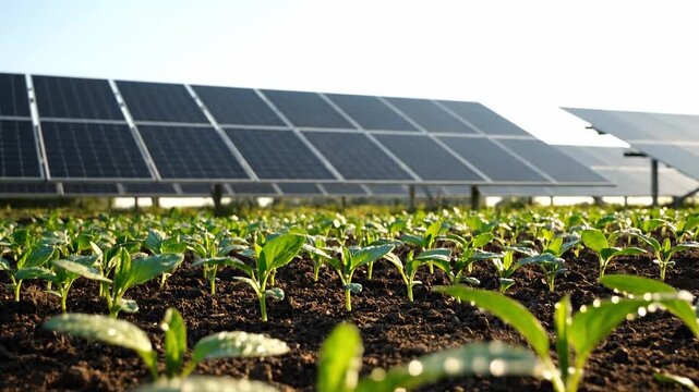 Agrivoltaics: Young Plants Growing Under Solar Panels - Close-up view of lush green seedlings thriving in rich soil, with a blurred background showcasing a row of solar panels.