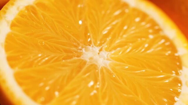 Close-up of Juicy Orange Slice - A detailed close-up shot reveals the vibrant texture and juicy segments of a freshly cut orange slice.