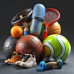 sports equipment stacked on transparent background