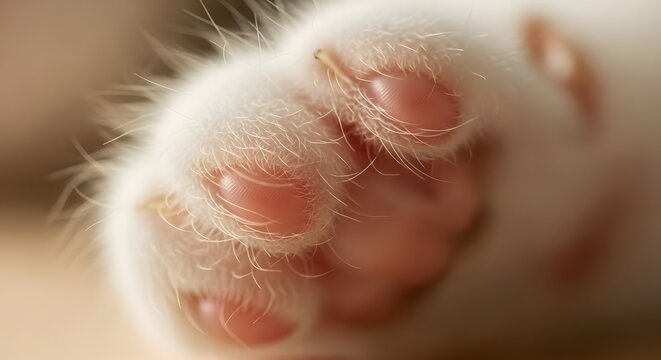 A close-up macro photograph captures the soft, fluffy white fur and pink toe beans of a cat's paw, highlighting its delicate texture and adorable features.