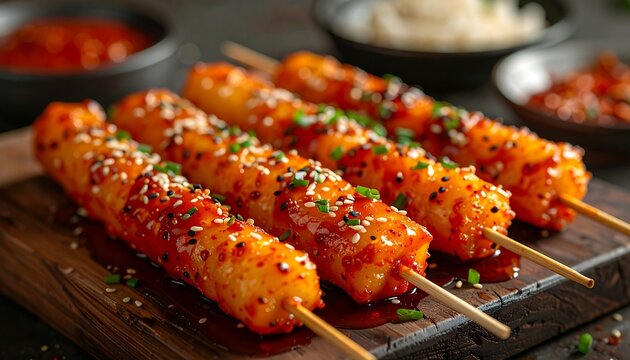 Tteokbokki skewers with spicy gochujang sauce and sesame seeds. A close-up of Korean street food tteok-kkochi on a wooden board.