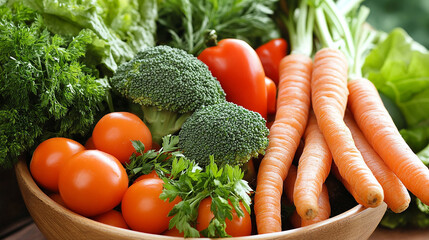 Fresh Harvest: A vibrant collection of crisp, fresh vegetables, overflowing from a rustic wooden bowl, showcasing nature's bounty and a cornucopia of healthy ingredients.