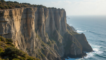 Majestic sheer cliffs rise dramatically from the ocean, with waves crashing against the rocky shore below and vegetation clinging to the slopes