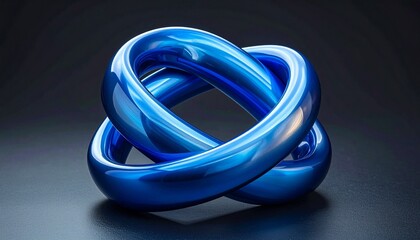 Fototapeta premium Abstract blue knot—interwoven glossy ribbon-like bands forming symmetrical loop structure, smooth surfaces with depth and curvature, clean white gradient background, mathematical and artistic elegance