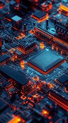 Fototapeta premium Close Up Of A Glowing Computer Motherboard With Orange Circuits circuit board technology photo