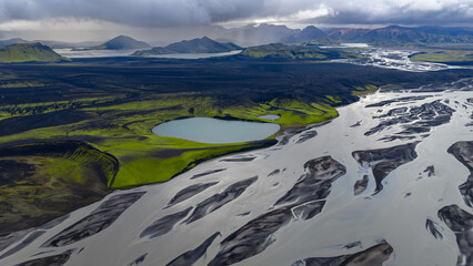 Aerial View of Braided River and Volcanic Terrain in Iceland