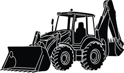 Naklejka premium Silhouette vector of backhoe loader construction vehicle with front bucket and rear excavator arm, heavy machinery equipment for building and industrial projects illustration