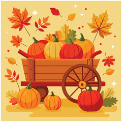 Autumn Harvest Wagon with Pumpkins and Falling Leaves
