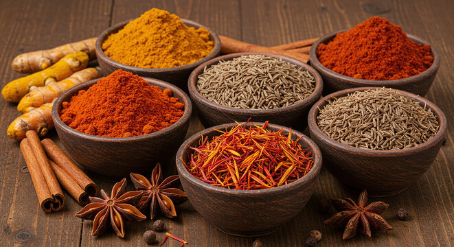 Colorful array of aromatic Indian spices in traditional wooden bowls