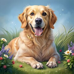 the cute dog is lying on the grass playing with flowers