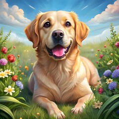 the cute dog is lying on the grass playing with flowers
