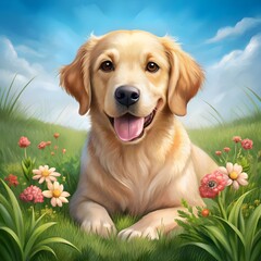 the cute dog is lying on the grass playing with flowers