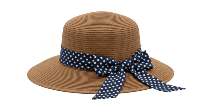 Elegant straw hat with navy blue polka dot ribbon for sunny day fashion transparent background