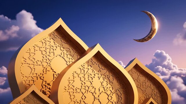 Ramadan Kareem: Golden Arches and Crescent Moon - A 3D video depicting ornate golden arches against a twilight sky with clouds and a crescent moon. The video evokes the spirit of Ramadan.