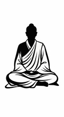 A black and white graphic silhouette of Buddha meditating peacefully in the lotus position against a white background.