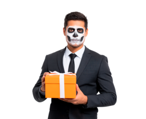 Young man in skull makeup holding orange gift box on transparent background, PNG