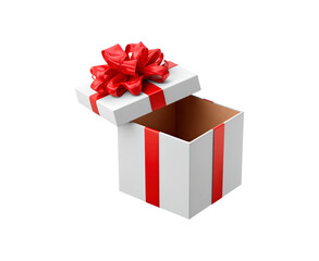 Obraz premium Open white gift box with red ribbon and bow on transparent background, PNG