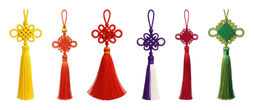 Chinese knot and tassel set including vibrant red, yellow, purple, and green designs isolated. Asian cultural decoration and good luck symbols.