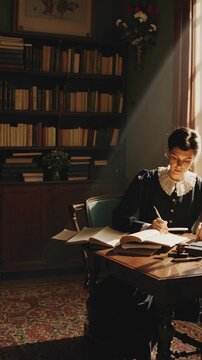 A vintage-style video still of a woman writing at a wooden desk, captured from a side angle with soft sunlight streaming through a window.