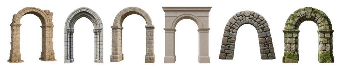 Obraz premium Stone archways set including ancient, gothic, classic, weathered, rough stone, and moss-covered styles isolated. Architectural and historical elements.