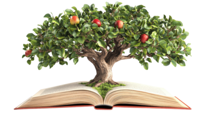Open Book with Apple Tree Growing from Pages on Transparent Background for Educational Concepts
