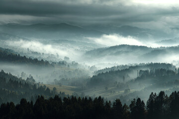 Misty mountain landscape rolling hills forests and clouds a serene view