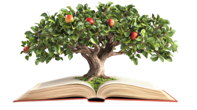 Open Book with Apple Tree Growing from Pages on Transparent Background for Educational Concepts - Powered by Adobe