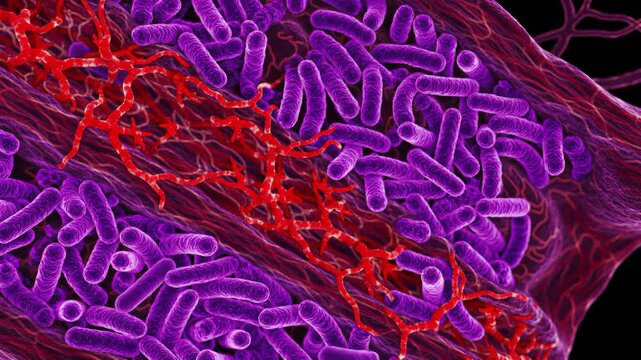 Purple bacteria near blood vessel; microscopic view