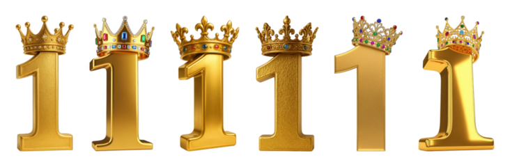 Gold number one set including ornate, jeweled, and brushed crowns isolated. Success, achievement, and celebration concept.