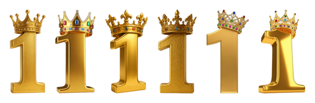 Gold number one set including ornate, jeweled, and brushed crowns isolated. Success, achievement, and celebration concept.