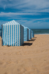 Traditional Blue and White Beach Cabins on Sandy Shore