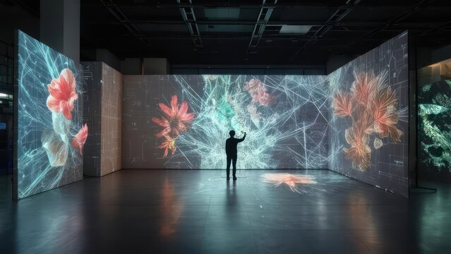 Immersive Digital Art Installation: Silhouette Interacts with Projected Floral and Networked Visuals
