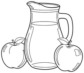 Apple juice illustration featuring a glass jug filled with liquid and two fresh fruits beside it, drawn in a clean cartoon outline style perfect for coloring pages, decorative art, and design projects