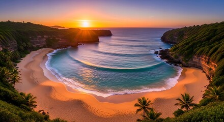 Beautiful Tropical Beach Sunset with Palm Trees and Ocean Waves.