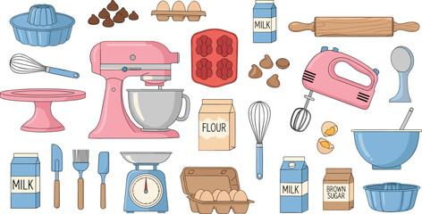 Baking tools vector, kitchen utensils, mixer, cake pan, flour, eggs, sugar, colorful design, cad drawing flat vector illustration