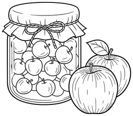 Apple jar vector illustration with fruits stored inside a glass container tied with a ribbon and two large apples placed outside drawn in clean cartoon outline style for coloring pages and design reso