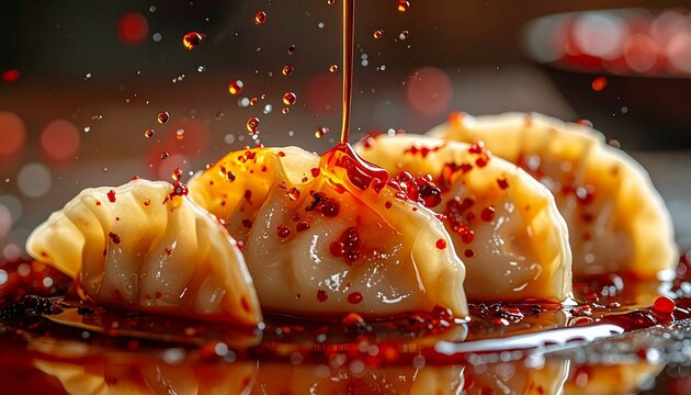Dumplings being drizzled with spicy chili oil sauce in a close-up shot.