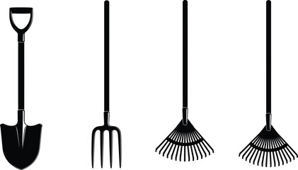 Vector illustration of garden tools silhouette including shovel, pitchfork, and rakes, black isolated icons for farming, gardening, landscaping, and agriculture design