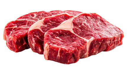 Obraz premium Three Fresh Raw Beef Steaks Stacked on Top of Each Other on a Transparent Background Ready to Cook