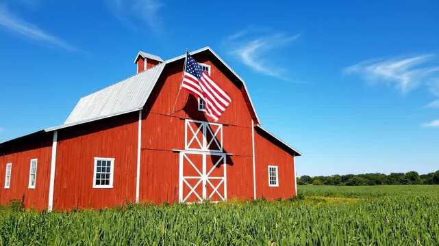 Red Barn with American Flag under Blue Sky - A classic red barn with a metal roof stands proudly in a green field, an American flag waving from its side against a vibrant blue sky.