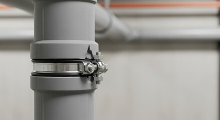 Close up pipe joint, connecting pipes on plumbing. Pipe joint connecting pipes with metal clamp for construction. Conceptual pipe joint symbolizes connection and structure in industrial construction.