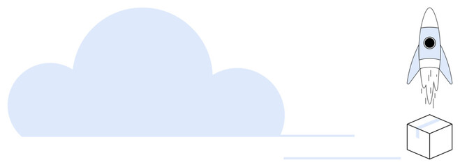 Blue cloud with flying rocket and storage box illustrating innovation, technology, startup growth, data management, cloud computing, futuristic vision, and goal achievement in simple flat metaphor
