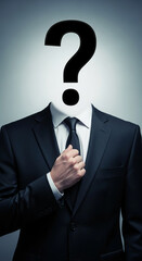 Businessman in dark suit, question mark replacing head, symbolizing anonymity, uncertainty, or unknown identity in business