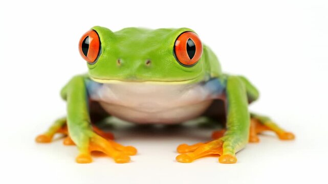 Red-Eyed Tree Frog on White Background - A vibrant green red-eyed tree frog rests on a clean white background, its striking orange eyes and bright green skin contrasting sharply.