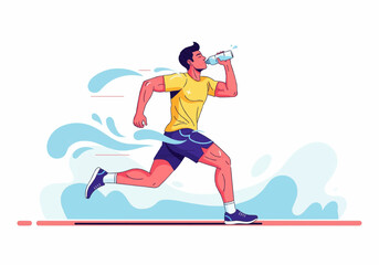 A man in athletic attire runs while drinking water, staying hydrated during exercise.