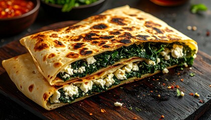 G?zleme a traditional Turkish savory flatbread filled with spinach and feta cheese. This delicious pastry is served on a rustic wooden board.