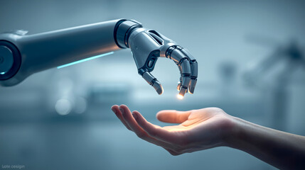 Robotics in Medicine. robotic arm with a soft, glowing light on its tip, hovering over a human hand. The hand is a symbol of a patient, and the robotic arm is a tool for surgery or precision medicine.