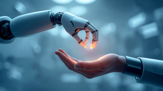 Robotics in Medicine. robotic arm with a soft, glowing light on its tip, hovering over a human hand. The hand is a symbol of a patient, and the robotic arm is a tool for surgery or precision medicine.
