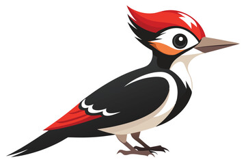 Cartoon Woodpecker Illustration with Bright Red Crest Feathers and a Sharp Beak Perched on a White Background